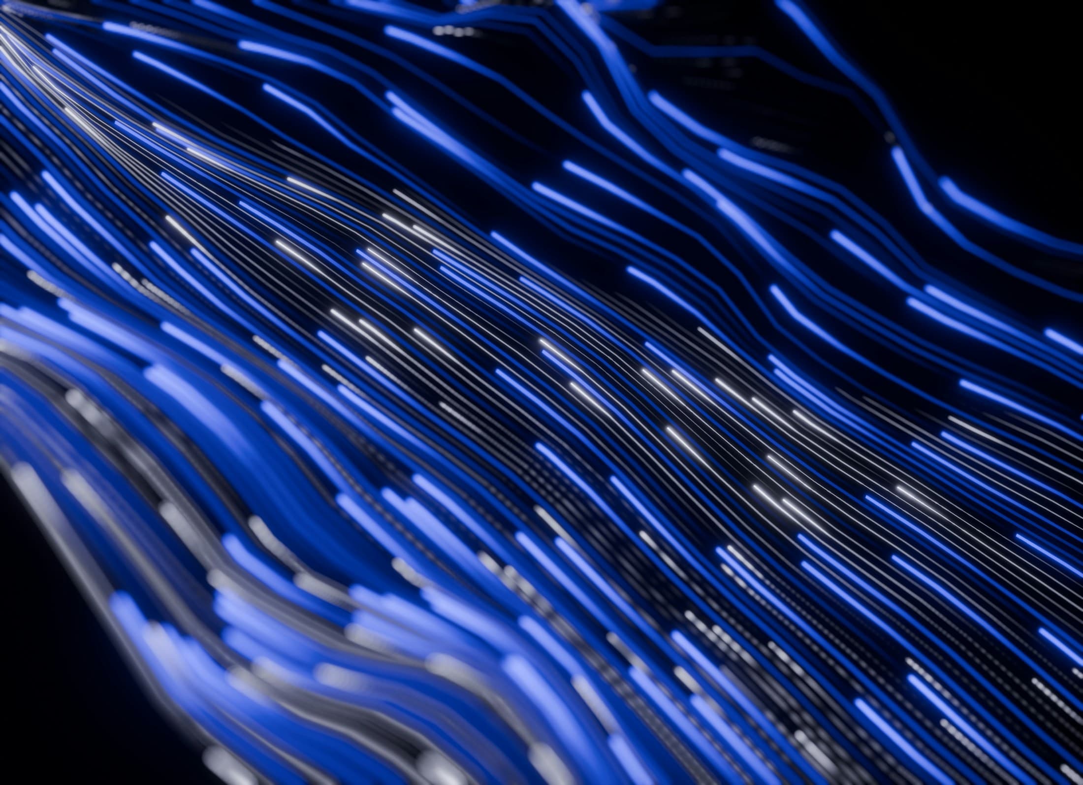Abstract blue trails representing the flow of a live voice conversation