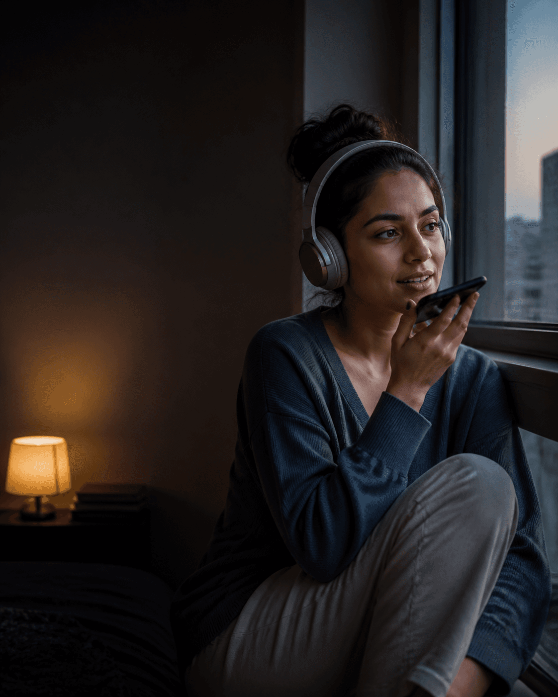 An adult woman in a quiet home using headphones for a private voice conversation